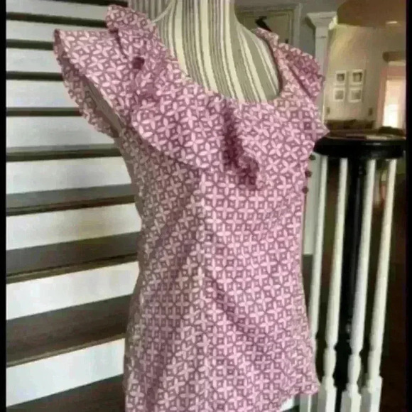 Banana Republic Pink White Top Blouse Short Sleeve, Size S Ruffle Collar Sleeve - Picture 1 of 6